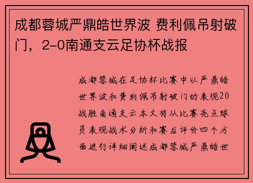 成都蓉城严鼎皓世界波 费利佩吊射破门，2-0南通支云足协杯战报